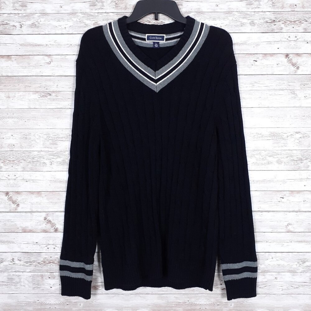 Club Room Mens Cable Knit Sweater L V-Neck Black Gray Stripe 917